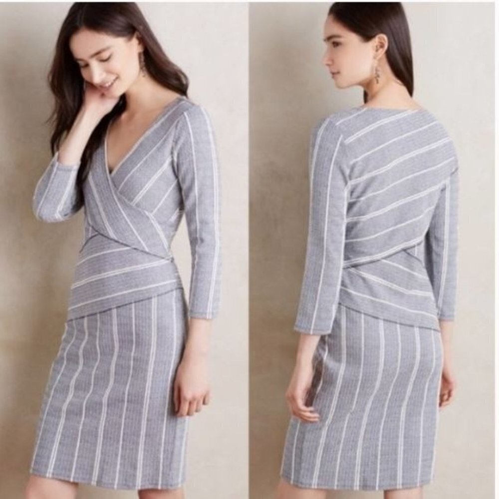 Maeve Blue and White Faux Body Wrap Striped Column Dress‎ Anthropologie Sz Small